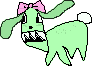 animation of a green dog-like creature wearing a pink bow